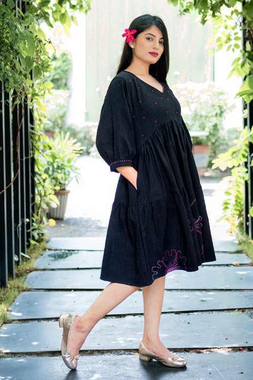 Bebaak Hand Embroidered & Handwoven Black Tier Dress - Image 6