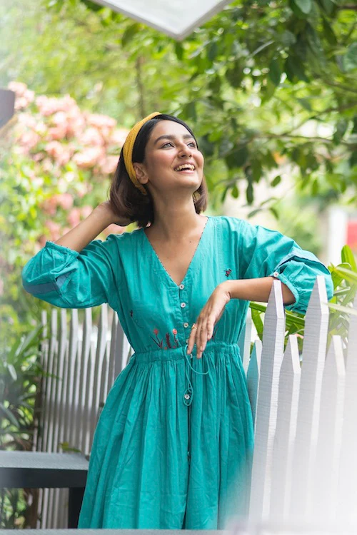 Bebaak Jheel Gathered Pure Cotton Hand Embroidered Dress - Image 4