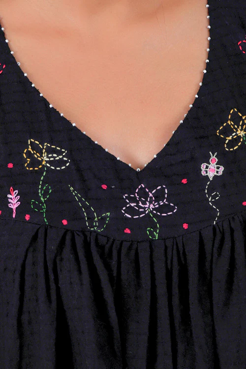 Bebaak Lily Sleeveless Gather Hand Embroidered & Handwoven Black Dress - Image 2