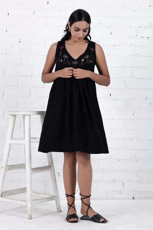 Bebaak Lily Sleeveless Gather Hand Embroidered & Handwoven Black Dress - Image 4