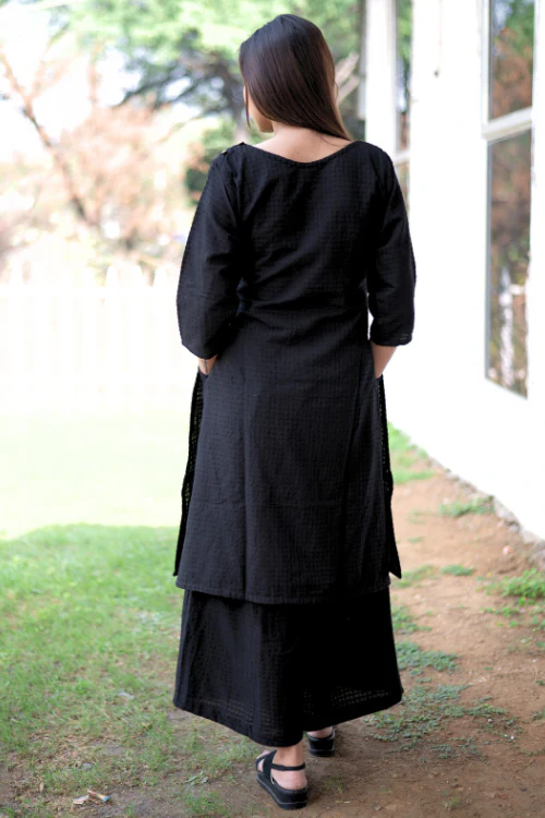 Bebaak Lotus Hand Embroidered & Handwoven Boat Neck Black Kurta Set - Image 8