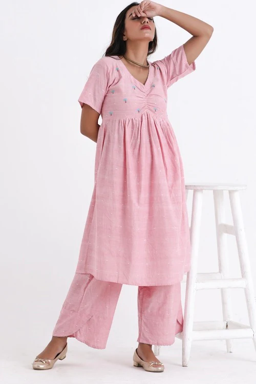 Bebaak Pankhuri Handwoven Cotton Tunic Set With Ruched Yoke - Image 3