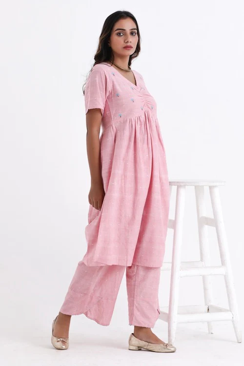 Bebaak Pankhuri Handwoven Cotton Tunic Set With Ruched Yoke - Image 4