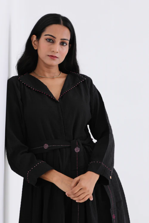 Bebaak Sarah Hand Embroidered & Handwoven Black Midi Dress - Image 3