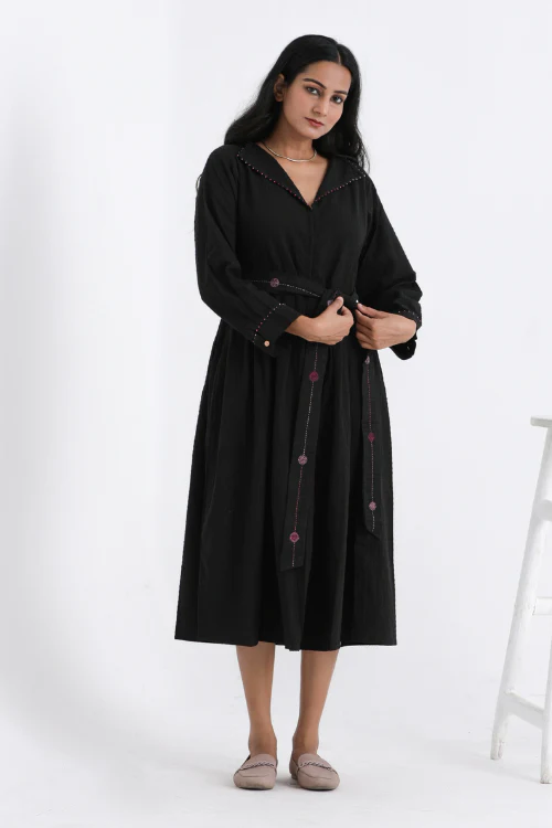 Bebaak Sarah Hand Embroidered & Handwoven Black Midi Dress - Image 4