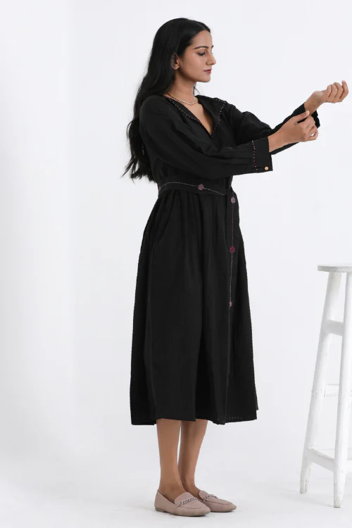 Bebaak Sarah Hand Embroidered & Handwoven Black Midi Dress - Image 5