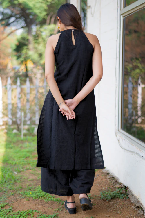 Bebaak Surmayee  Hand Embroidered & Handwoven Halter Black Kurta Set - Image 8