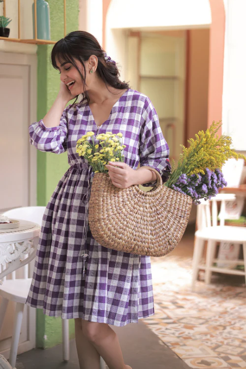 Bebaak Violet Gingham Handwoven Midi Dress - Image 4