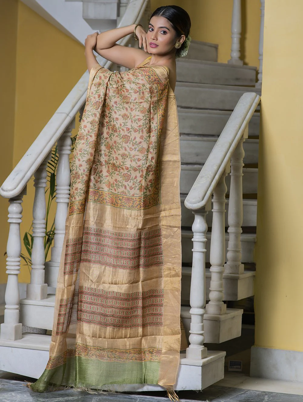 TICH Festive & Exclusive Tassar Silk Sanganeri Bagru Saree (With Blouse Piece) - Beige, Green, Pink & Dull Gold - Image 3