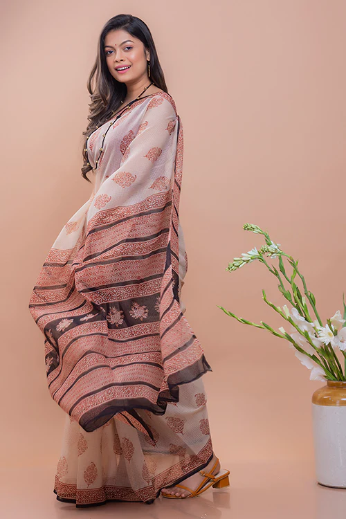 TICH Summer Moods. Bagru Block Printed Kota Doria Saree - Beige Motif - Image 4