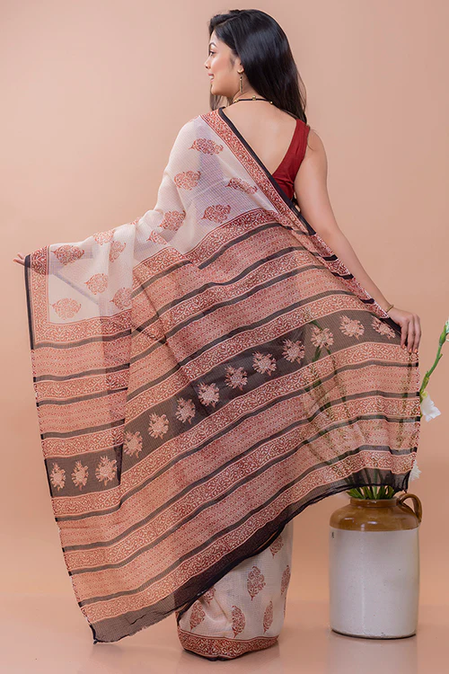 TICH Summer Moods. Bagru Block Printed Kota Doria Saree - Beige Motif - Image 6