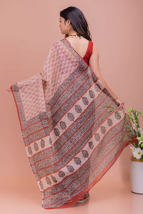 TICH Summer Moods. Bagru Block Printed Kota Doria Saree - Beige & Red Leaves - Image 3