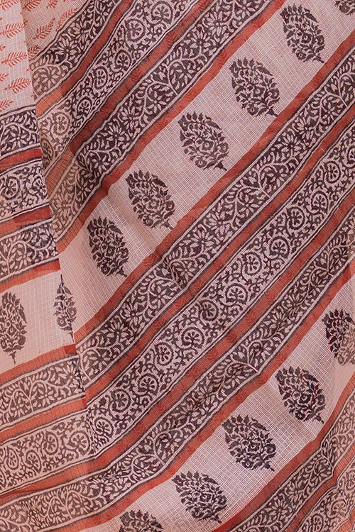 TICH Summer Moods. Bagru Block Printed Kota Doria Saree - Beige & Red Leaves - Image 4