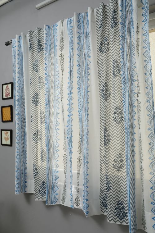 Sooti Syahi Bering Blue Hand Block Printed Window Curtain - Image 3