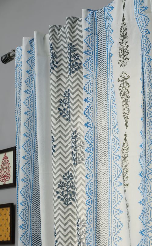 Sooti Syahi Bering Blue Hand Block Printed Window Curtain - Image 4