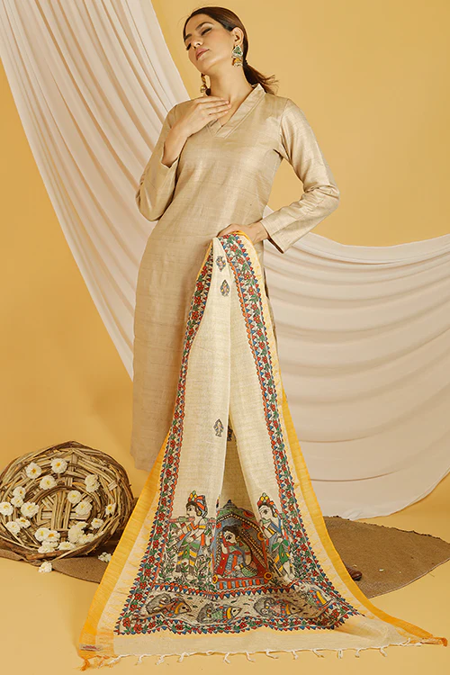 Madhubani Paints 'Bidai' Madhubani Handpainted Pure Handloom Cotton Dupatta