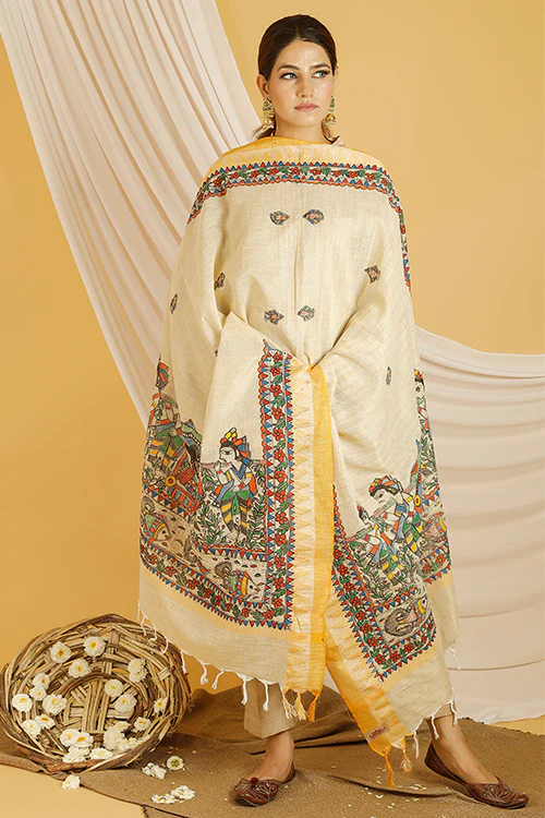 Madhubani Paints 'Bidai' Madhubani Handpainted Pure Handloom Cotton Dupatta - Image 2