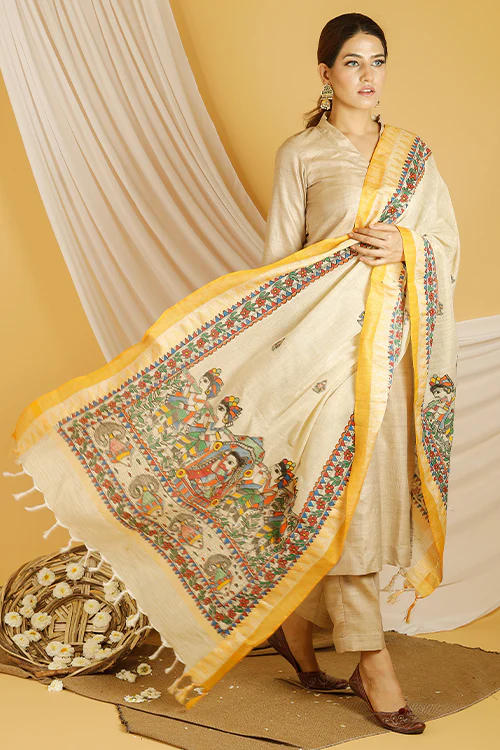 Madhubani Paints 'Bidai' Madhubani Handpainted Pure Handloom Cotton Dupatta - Image 3