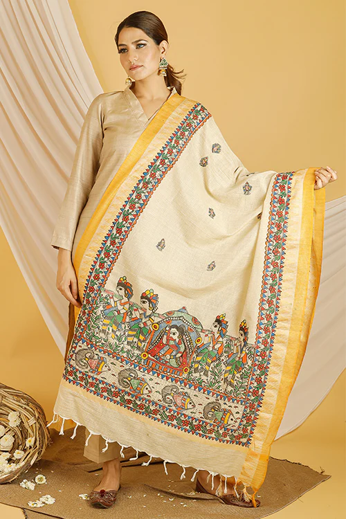 Madhubani Paints 'Bidai' Madhubani Handpainted Pure Handloom Cotton Dupatta - Image 4