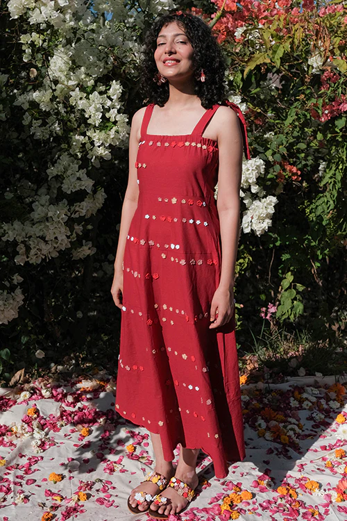 Okhai 'Bird Song' Pure Cotton Hand Embroidered Sleeveless Dress - Image 4