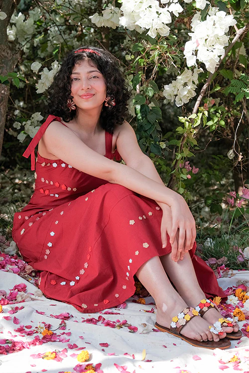 Okhai 'Bird Song' Pure Cotton Hand Embroidered Sleeveless Dress - Image 9