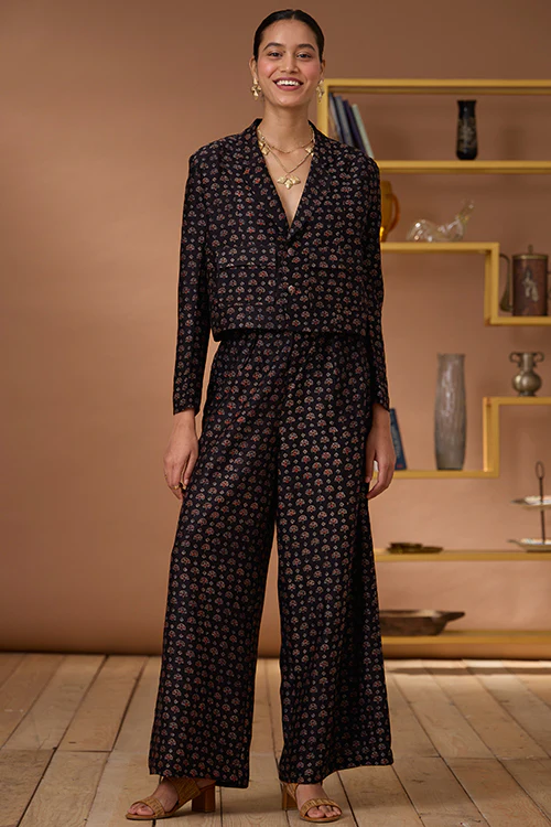 Okhai "Black Agate" Handblock Printed Chanderi Silk Ajrakh Blazer - Image 3