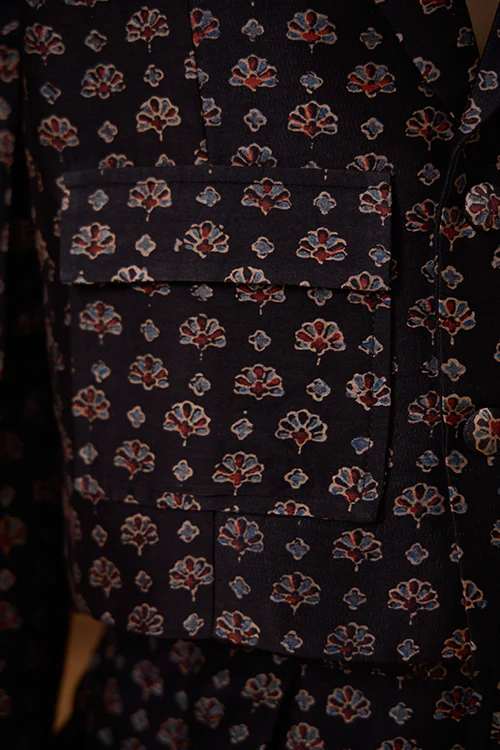 Okhai "Black Agate" Handblock Printed Chanderi Silk Ajrakh Blazer - Image 5