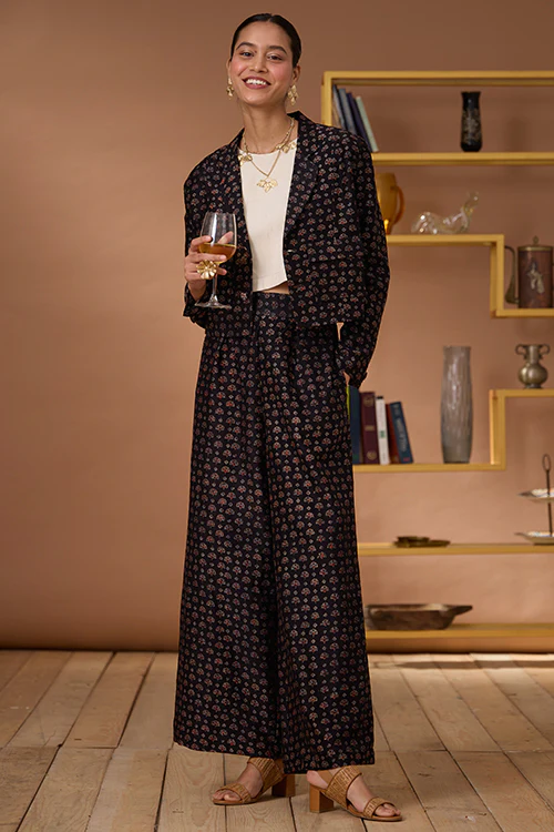 Okhai "Black Agate" Handblock Printed Chanderi Silk Ajrakh Blazer - Image 8