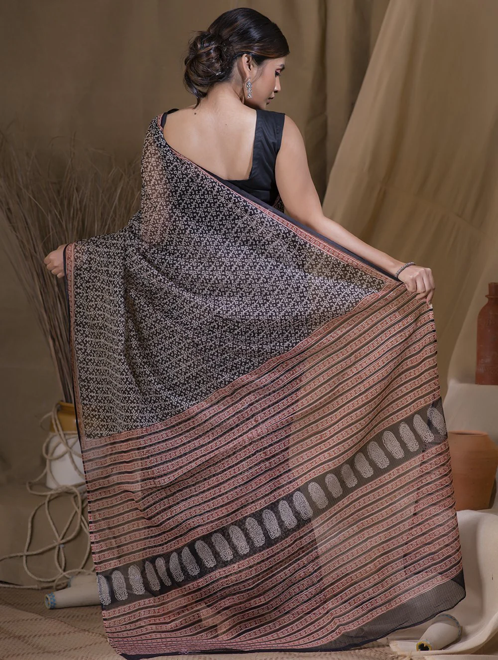 TICH Light & Cool. Bagru Block Printed Kota Doria Saree - Black Print (Without Blouse Piece) - Image 4