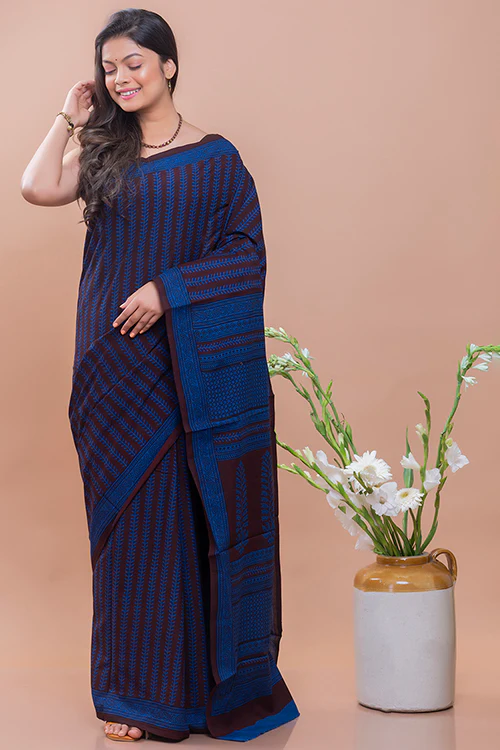 Bagh Hand Block Printed Cotton Saree - Black & Blue Vine