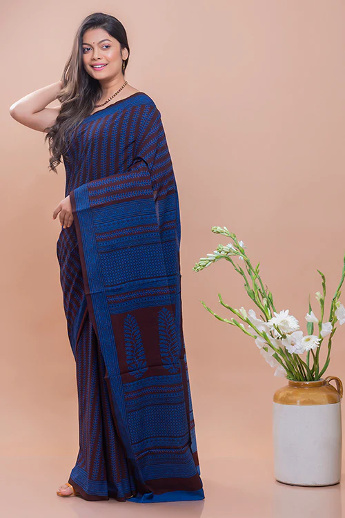 Bagh Hand Block Printed Cotton Saree - Black & Blue Vine - Image 2