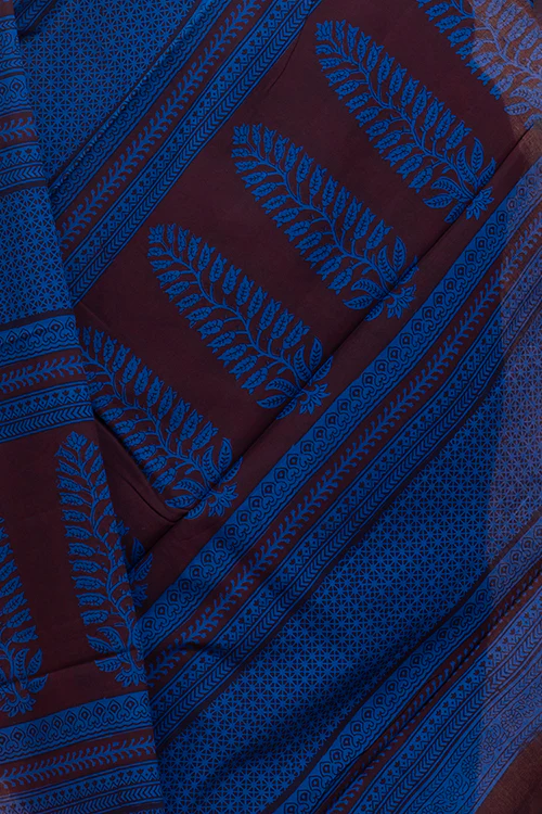 Bagh Hand Block Printed Cotton Saree - Black & Blue Vine - Image 7