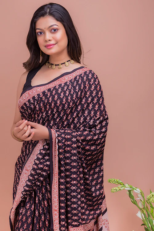 TICH Summer Classics. Bagru Block Printed Mulmul Cotton Saree - Black Flora