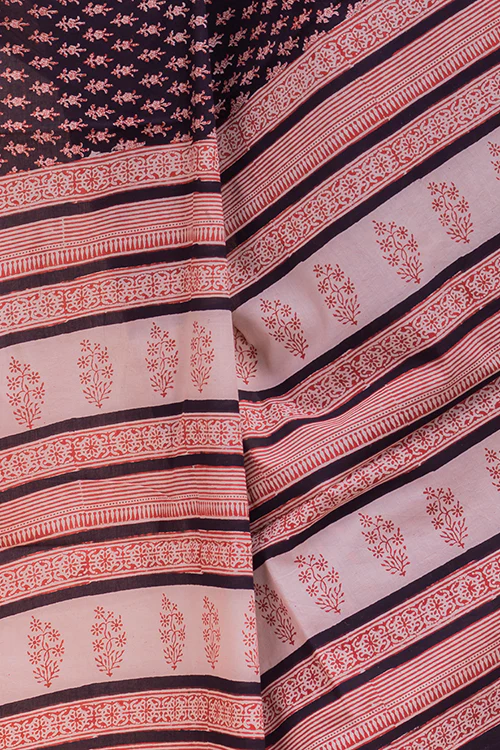 TICH Summer Classics. Bagru Block Printed Mulmul Cotton Saree - Black Flora - Image 2