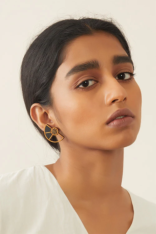 Whe Black Geometrical Repurposed Fabric and wood earring - Image 3