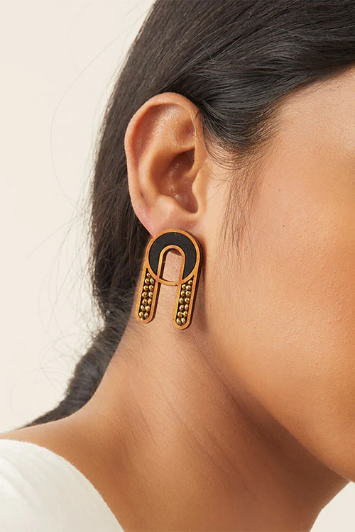 Black Repurposed fabric and wood earring - Image 2