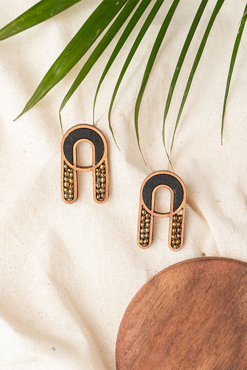 Black Repurposed fabric and wood earring - Image 3