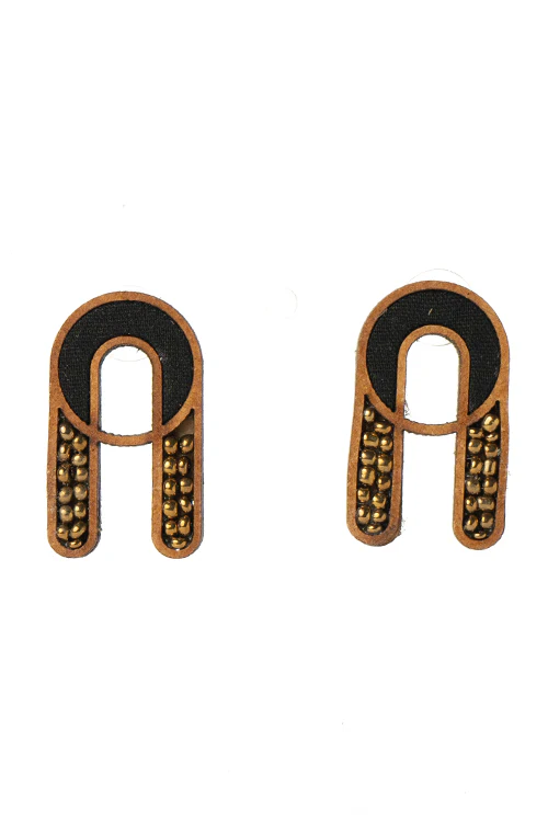 Black Repurposed fabric and wood earring - Image 4