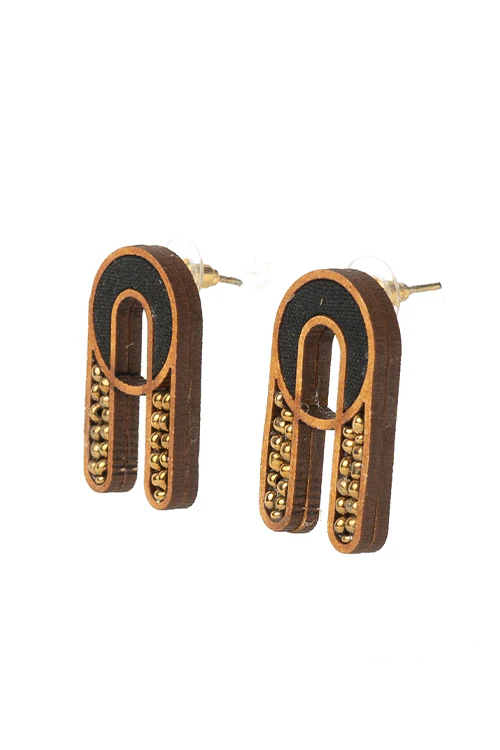 Black Repurposed fabric and wood earring - Image 5