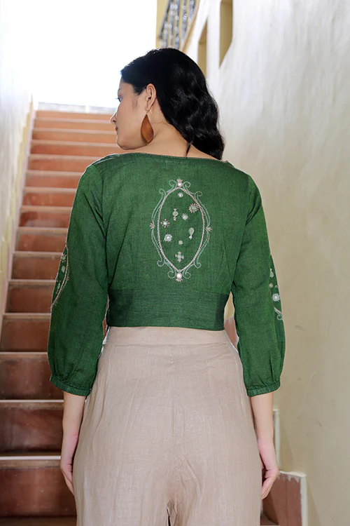 Okhai 'Blithsome' Hand Embroidered Mirror Work Cotton Short Top - Image 3