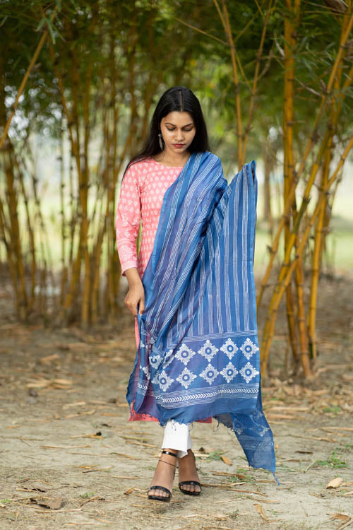 Samuday Craft Block Printed -Silk Dupatta-Blue Colour - Image 3