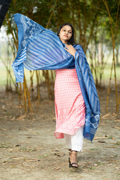 Samuday Craft Block Printed -Silk Dupatta-Blue Colour - Image 4