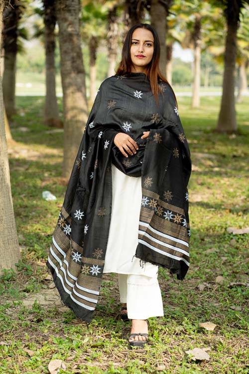 Samuday Craft Block Printed -Silk Dupatta-Brown Colour - Image 3
