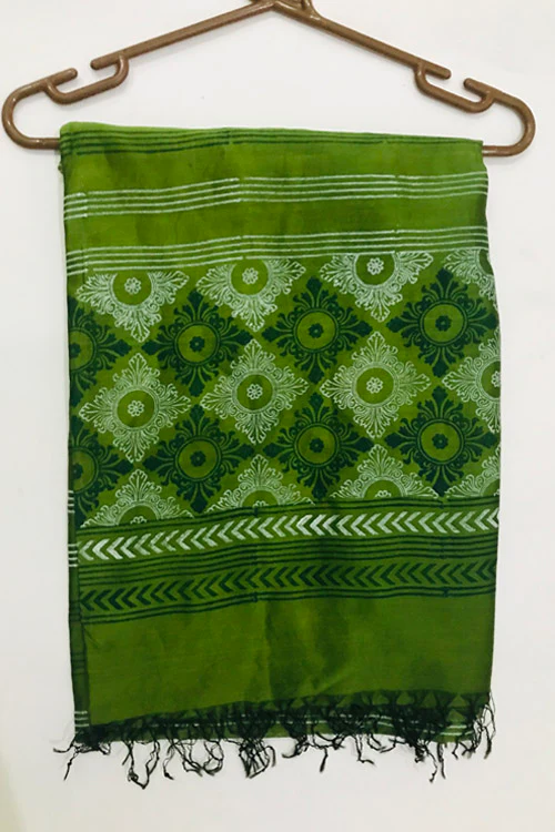 Samuday Craft Block Printed -Silk Dupatta-Green Colour - Image 3