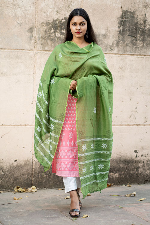 Samuday Craft Block Printed -Silk Dupatta-Green Colour - Image 4