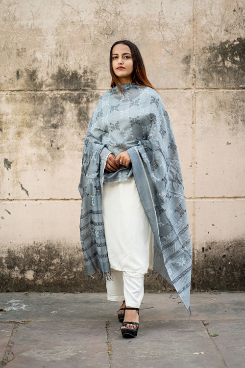 Samuday Craft Block Printed -Silk Dupatta-Grey Colour - Image 3
