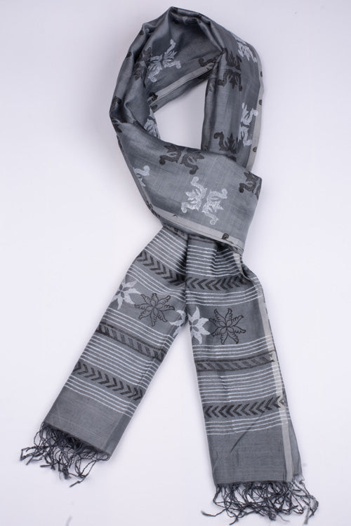 Samuday Craft Block Printed -Silk Dupatta-Grey Colour - Image 4