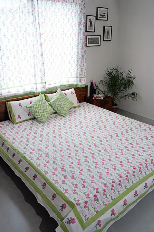 Sooti Syahi Blooming Meadow Hand Block Printed Cotton Percale Bedsheet