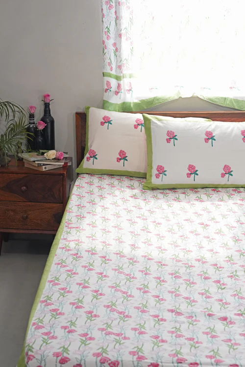 Sooti Syahi Blooming Meadow Hand Block Printed Cotton Percale Bedsheet - Image 2