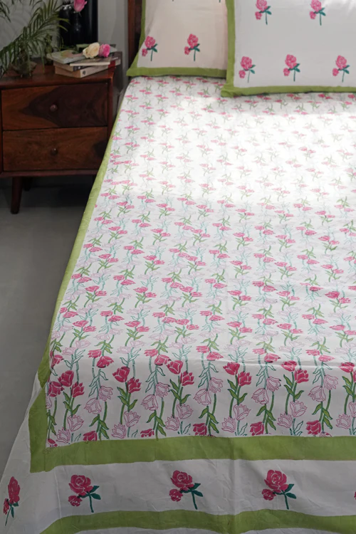 Sooti Syahi Blooming Meadow Hand Block Printed Cotton Percale Bedsheet - Image 3